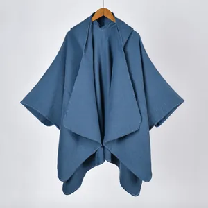 Minimalist morandi blue hooded knit shawl poncho for women with fine stitching and soft drape