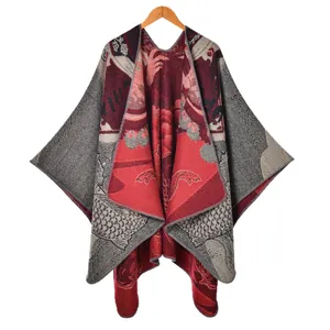 Dikke gebreide poncho-sjaal in Chinese stijl voor dames met rood bloemen-jacquard