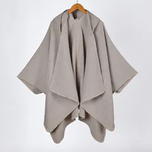 Minimalist solid color hooded knit poncho wrap shawl with split hem for women in gray