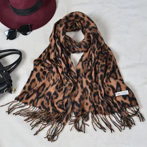 Classic leopard print pashmina scarf with elegant fringe and cashmere feel for autumn winter