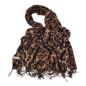 Classic leopard print cashmere scarf with tassels and 100% Pashmina fabric texture
