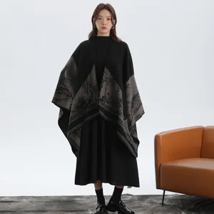 Vintage New Chinese Style Faux Cashmere Knitted Shawl For Women Winter Warm Scarf Poncho Wrap With Ginkgo Landscape Ink Pattern