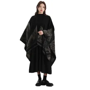 Elegant black knit shawl wrap with gray landscape jacquard pattern for autumn winter