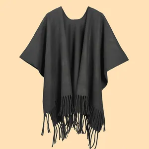 Women Thickened Tassel Poncho Shawl Warm Polyester Imitation Cashmere Solid Color Fringe Wrap For Autumn Winter