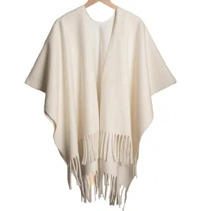 Classic solid white knit shawl wrap with fringe tassels for women in autumn and winter