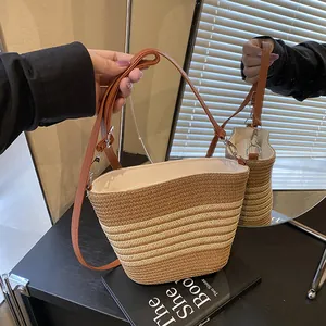 Sac Seau en Paille à Rayures Décontracté pour Femmes Sac à Bandoulière Tissé Couleur Contrastée Avec Bandoulière en PU Réglable Mode Plage Été