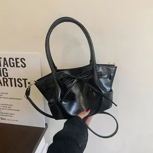 Women Bowknot Shiny PU Leather Bucket Bag Korean Niche Fashion Ruched Handbag Commuting Crossbody Bag Elegant Shoulder Bag