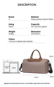 Detailed size chart for waterproof oxford travel bag with laptop capacity and dimensions