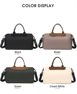 Detail view showing four colors of waterproof travel bags: black, khaki, green and beige