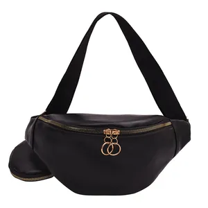 Sac banane minimaliste en cuir PU noir avec fermetures dorées et petite pochette ronde