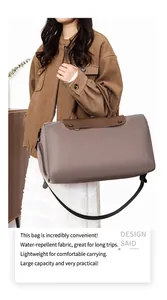 Detail of water-resistant nylon travel bag with premium brown leather handles and flap