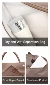 Detail view of dry-wet separation layer, front zip pocket and side pouch on gym bag