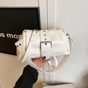 Women Fashion PU Leather Underarm Bag Minimalist Tote Shoulder Bag With Large Metal Buckle Vintage Commuter Handbag