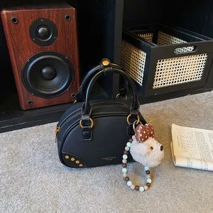 Women Vintage PU Leather Boston Handbag With Rivets And Furry Dog Charm Retro Shoulder Crossbody Bag Fashion Top Handle Bag
