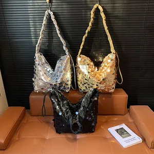 Sparkly sequin tote bags in silver, gold and black with pleated shoulder straps