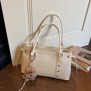 Women Fashion Large Capacity PU Leather Tote Bag Retro Rivet Underarm Shoulder Bag With Plush Dog Pendant Commuter Handbag