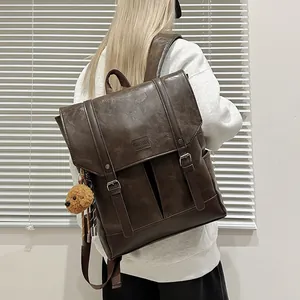 Women Vintage PU Leather Backpack Large Capacity Laptop Schoolbag Korean Style Casual Travel Daypack With Bear Charm
