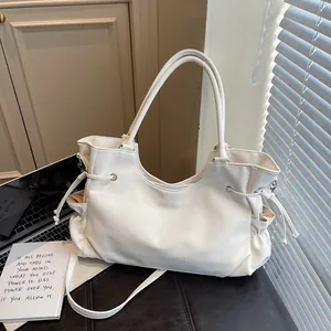 Women Vintage PU Leather Tote Bag Large Capacity Shoulder Bag With Drawstring Side Pockets Fashion Commute Underarm Bag