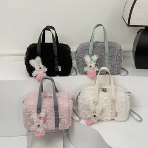 Fashionable plush crossbody pillow bags in four colors with cute rabbit charms