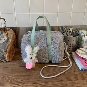 Women Fashion Plush Tote Bag Soft Faux Fur Handbag With Bunny Charm Crossbody Shoulder Bag For Daily Use Winter Casual