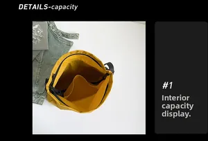 Internal view showing large capacity and side pocket of the yellow canvas crossbody bag