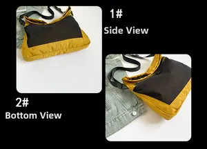 Side and bottom detail views of a yellow canvas messenger bag with black mesh pocket