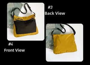 Front and back views of a yellow canvas crossbody bag featuring black mesh pockets