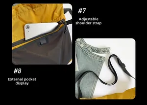 Detail of yellow tactical canvas bag showing adjustable shoulder strap and mesh outer pocket