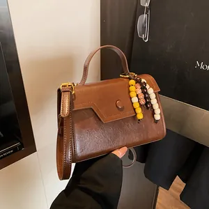 Retro PU Leather Small Square Bag For Women Vintage Shoulder Crossbody Handbag With Colorful Beaded Pendant Adjustable Strap