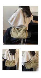 Detail of khaki nylon crossbody bag with adjustable straps and multiple zipper pockets