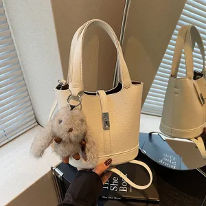 Women Lychee Grain PU Leather Bucket Bag Set With Inner Pouch Metal Lock Crossbody Shoulder Handbag Rabbit Charm Accessories