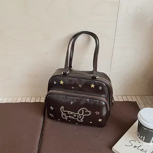 Sac à Bandoulière Vintage en Cuir PU Brillant Avec Broderie Chien Teckel Et Étoile Sac à Bandoulière Multi Couches Femme Mode