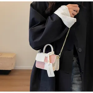 Detailed close-up of a mini pink and white contrast handbag with gold chain strap