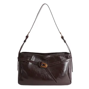Retro large capacity dark brown glossy leather shoulder bag with metallic ring buckle