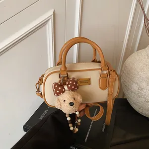 Vintage PU Leather Boston Handbag For Women Retro Bowling Crossbody Bag Minimalist Small Pillow Bag With Plush Charm Shoulder Bag