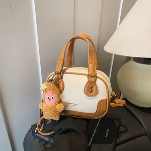 Women Vintage Small Boston Bag Minimalist PU Leather Color Block Shoulder Crossbody Bag Casual Daily Handbag With Plush Charm