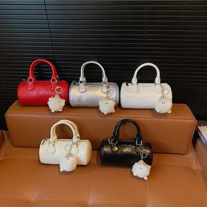 Solid color Boston handbag collection in five colors with cute plush sheep pendant charm