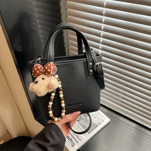 Women Fashion PU Leather Bucket Bag Lychee Pattern Single Shoulder Crossbody Bag With Cute Bear Charm For Daily Commute