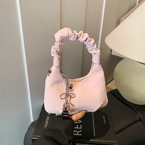 Korean Style Women Dumpling Bag Ruched Handle PU Leather Embroidery Crossbody Bag Star Flower Pattern Fashion Metal Pendant Shoulder Bag
