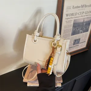 Women Fashion Crinkled PU Leather Handbag With Beaded Pendant Knot Handle Small Square Crossbody Shoulder Bag Casual Commute Tote
