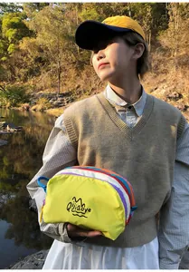 Detail of multi-color nylon travel bag with embroidered logo and zipper compartments