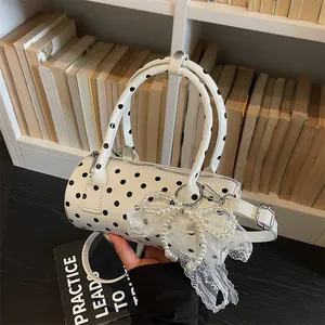 French Retro Polka Dot Cylinder Bag PU Leather Handbag With Lace Bow Artificial Pearl Pendant Shoulder Bag For Women