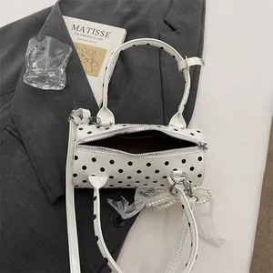 French retro white polka dot cylinder handbag with pearl lace and glossy finish