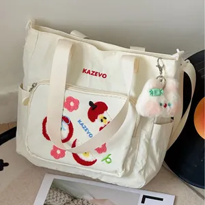 Sac Cabas en Nylon Brodé Pomme de Dessin Animé Kawaii pour Femmes Style Japonais Grande Capacité Sac Bandoulière École Voyage
