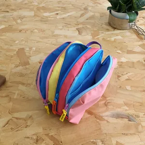 Three-layer colorful nylon travel cosmetic bag with vibrant multi-color contrast design