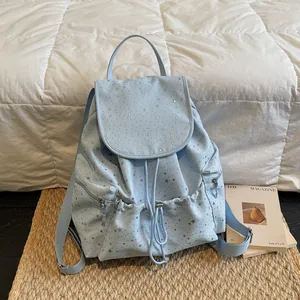 Sac à Dos en Toile à Motif d'Étoiles pour Femmes Sac à Dos Léger à Rabat et Cordon avec Poches Latérales Zippées Sac d'École Décontracté pour Voyage Quotidien