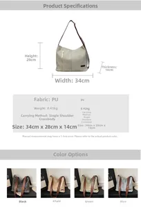 Detailed size specifications and color options for the large PU leather tote bag