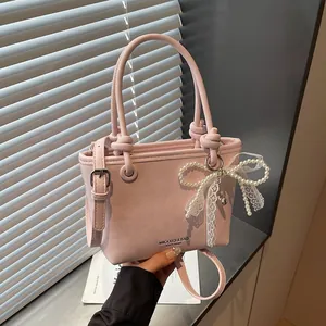Elegante Borsa a Mano in Pelle PU da Donna Tracolla Retrò Con Fiocco in Pizzo Ciondolo di Perle Piccola Borsa Quadrata Moda