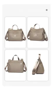 Detailed views of khaki nylon crossbody bag showing front, side, and back angles