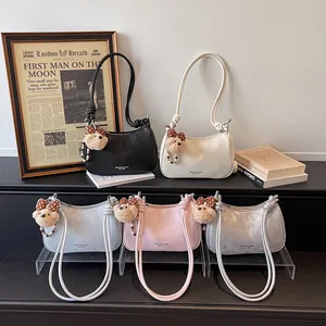 Fashionable half-moon hobo bag set in five colors with cute plush bear charms
